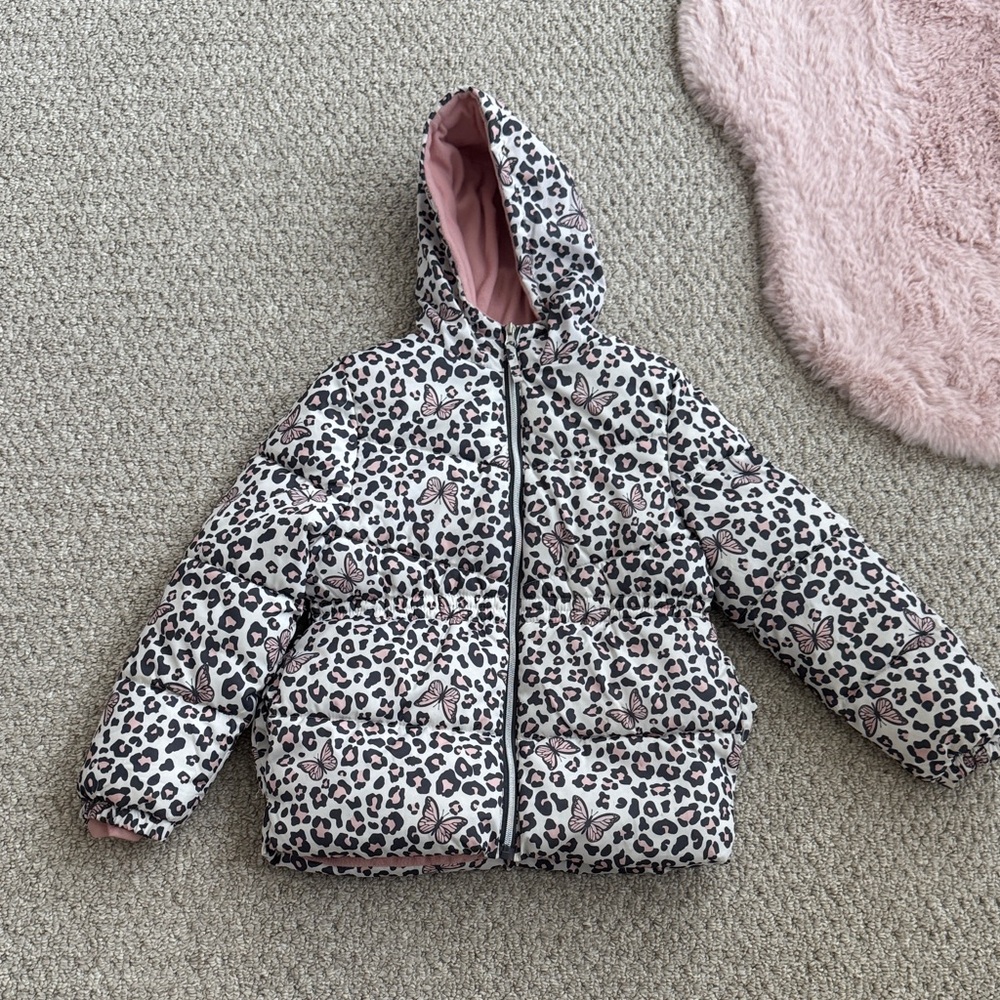Girls Leopard Print Fleece Lined Hooded Puffer Jacket - Size Small
